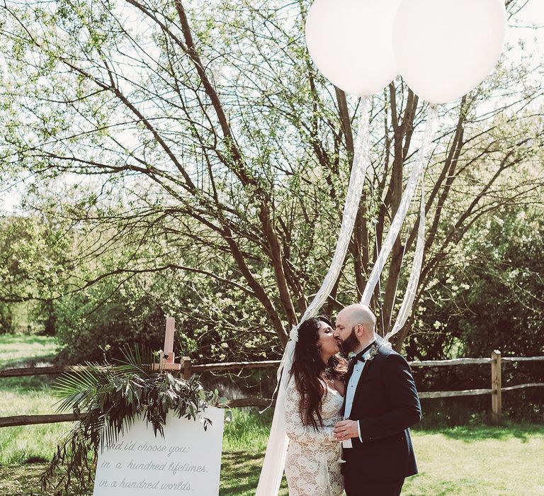 Bride in Grace Loves Lace Wedding Dress | Groom in Tuxedo | Giant Balloons | Lemonade Pictures