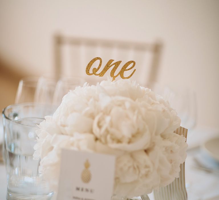 White Peony Floral Centrepiece | Outdoor Wedding at Millbridge Court | Lemonade Pictures