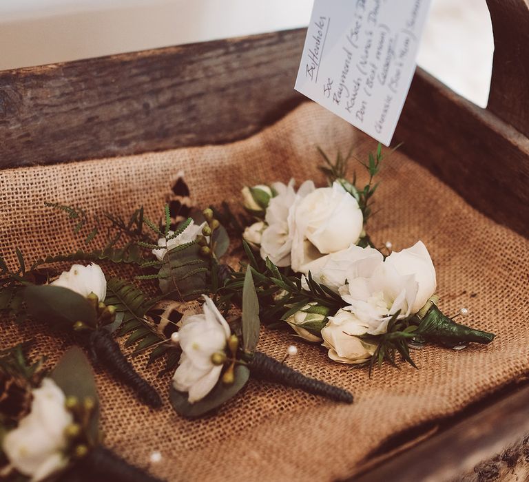 White Buttonholes | | Botanical Outdoor Wedding at Millbridge Court | Lemonade Pictures