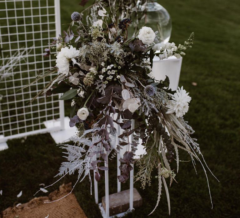 White & Grey Floral Arrangement by Swaffham Florist | Nocturn Wedding Inspiration Planned & Styled by The Little Lending Company | Florals by Swaffham Florist | Agnes Black Photography | Film by The Wilde Bride