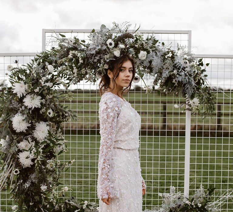 Bride in Jenny Packham Gown | Moon Gate Floral Arch by Swaffham Florist | Nocturn Wedding Inspiration Planned & Styled by The Little Lending Company | Agnes Black Photography | Film by The Wilde Bride