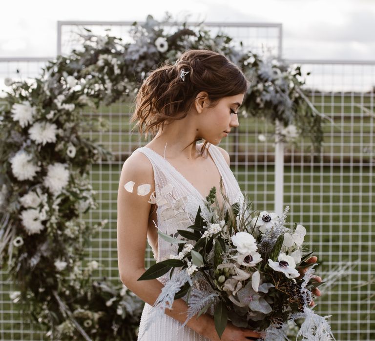 Bride in Watters Wtoo Bridal Gown | Moon Gate Floral Arch by Swaffham Florist | Nocturn Wedding Inspiration Planned & Styled by The Little Lending Company | Agnes Black Photography | Film by The Wilde Bride