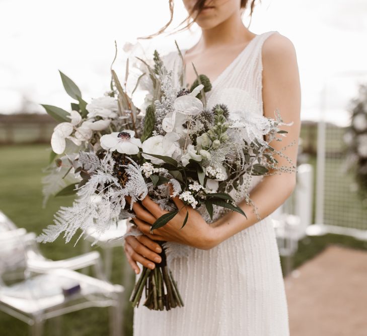 White & Grey Wedding Bouquet by Swaffham Flowers | Bride in Watters Wtoo Bridal Gown | Nocturn Wedding Inspiration Planned & Styled by The Little Lending Company | Agnes Black Photography | Film by The Wilde Bride