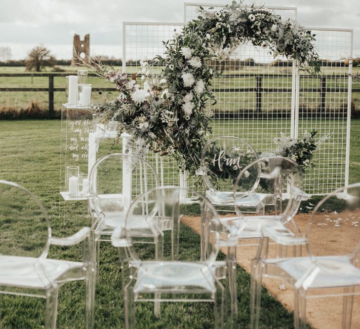 Moon Gate Altar | Ghost Chairs | Perspex Pew Ends | Nocturn Wedding Inspiration Planned & Styled by The Little Lending Company | Florals by Swaffham Florist | Photography & Film by The Wilde Bride