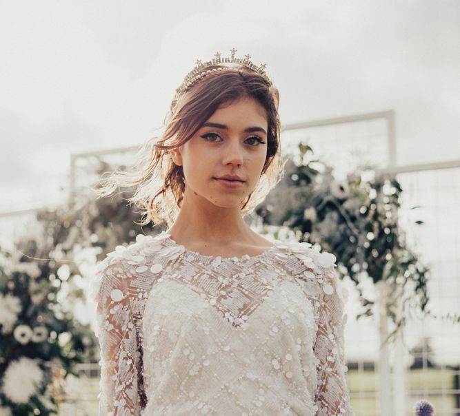 Bride in Jenny Packham Gown & Tilly Thomas Lux Hair Piece | Nocturn Wedding Inspiration Planned & Styled by The Little Lending Company | Florals by Swaffham Florist | Photography & Film by The Wilde Bride