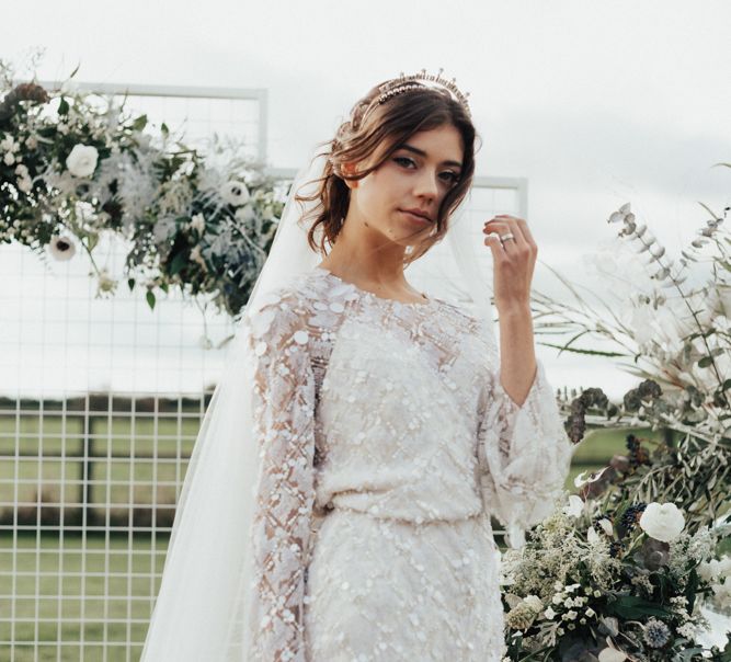 Bride in Jenny Packham Gown & Tilly Thomas Lux Hair Piece | Nocturn Wedding Inspiration Planned & Styled by The Little Lending Company | Florals by Swaffham Florist | Photography & Film by The Wilde Bride