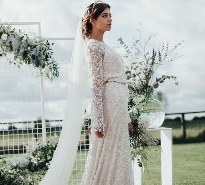 Bride in Jenny Packham Gown & Tilly Thomas Lux Hair Piece | Nocturn Wedding Inspiration Planned & Styled by The Little Lending Company | Florals by Swaffham Florist | Photography & Film by The Wilde Bride