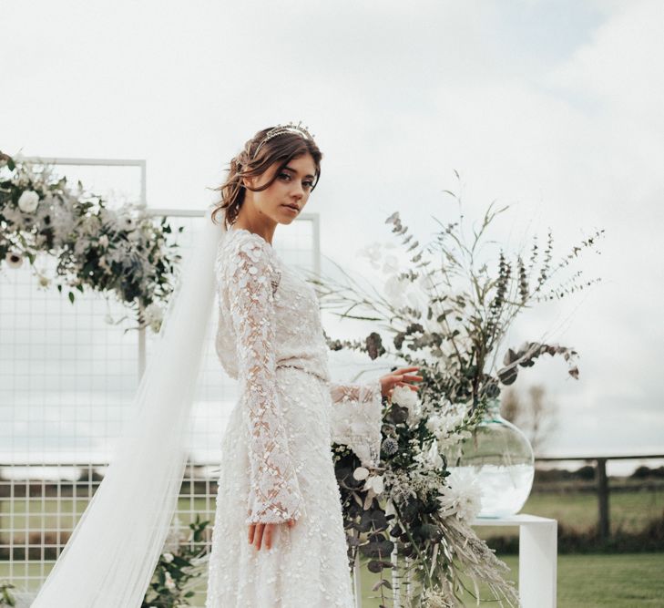 Bride in Jenny Packham Gown & Tilly Thomas Lux Hair Piece | Nocturn Wedding Inspiration Planned & Styled by The Little Lending Company | Florals by Swaffham Florist | Photography & Film by The Wilde Bride