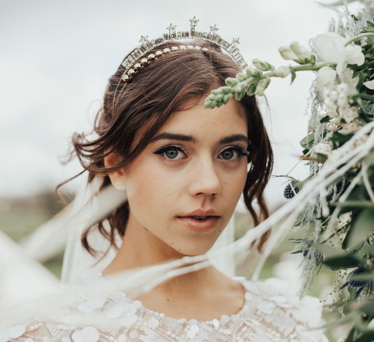 Bride in Jenny Packham Gown & Tilly Thomas Lux Hair Piece | Nocturn Wedding Inspiration Planned & Styled by The Little Lending Company | Florals by Swaffham Florist | Photography & Film by The Wilde Bride