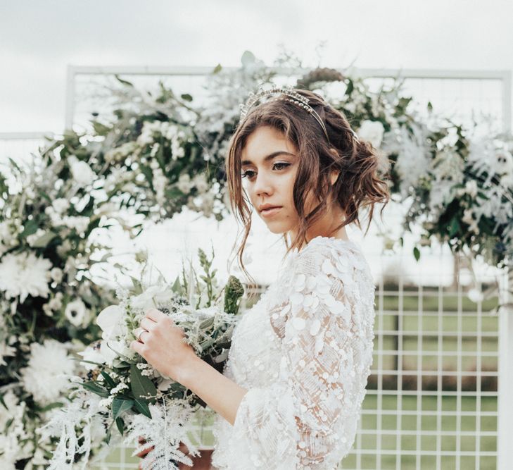 Bride in Jenny Packham Gown & Tilly Thomas Lux Hair Piece | Nocturn Wedding Inspiration Planned & Styled by The Little Lending Company | Florals by Swaffham Florist | Photography & Film by The Wilde Bride