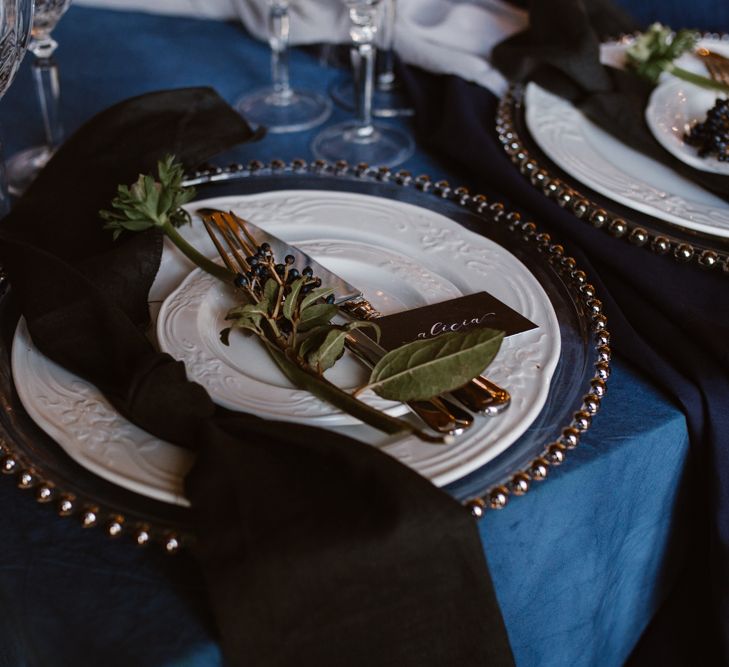 Elegant Place Setting | Nocturn Wedding Inspiration at Godwick Great Barn Planned & Styled by The Little Lending Company | Agnes Black Photography | Film by The Wilde Bride