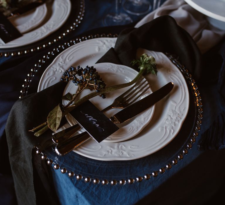 Elegant Place Setting | Nocturn Wedding Inspiration at Godwick Great Barn Planned & Styled by The Little Lending Company | Agnes Black Photography | Film by The Wilde Bride