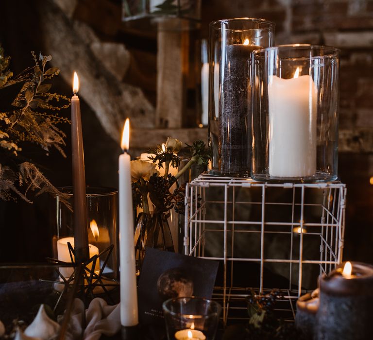 Candle Light Wedding Decor | Nocturn Wedding Inspiration at Godwick Great Barn Planned & Styled by The Little Lending Company | Agnes Black Photography | Film by The Wilde Bride