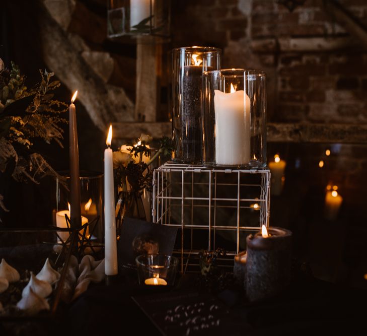 Candle Light Wedding Decor | Nocturn Wedding Inspiration at Godwick Great Barn Planned & Styled by The Little Lending Company | Agnes Black Photography | Film by The Wilde Bride