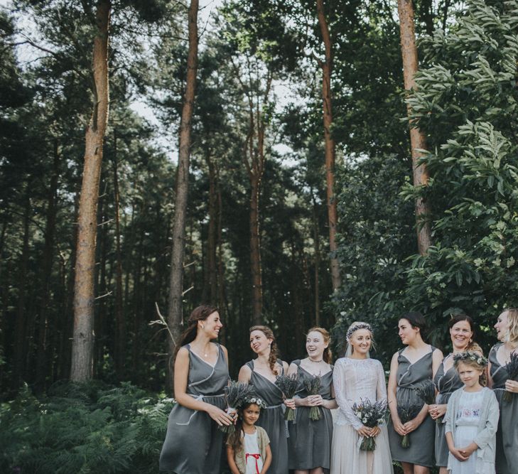 Bride in Katya Katya Shehurina Wedding Dress & Flower Crown with Bridesmaids in Custom Made Dresses