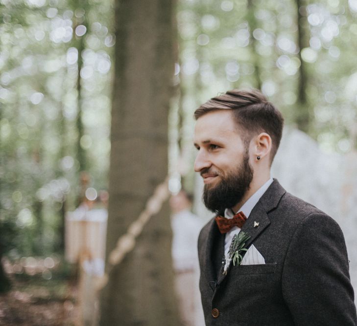 Outdoor Woodland Wedding Ceremony Groom at the Altar