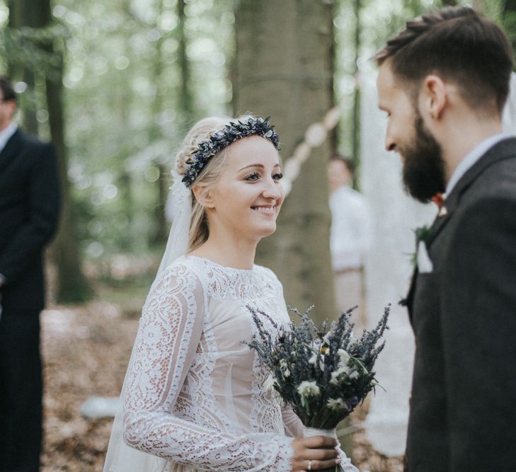 Outdoor Woodland Wedding Ceremony with Bride in Katya Katya Shehurina Wedding Dress & Flower Crown