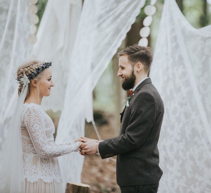 Outdoor Woodland Wedding Ceremony with Bride in Katya Katya Shehurina Wedding Dress & Flower Crown