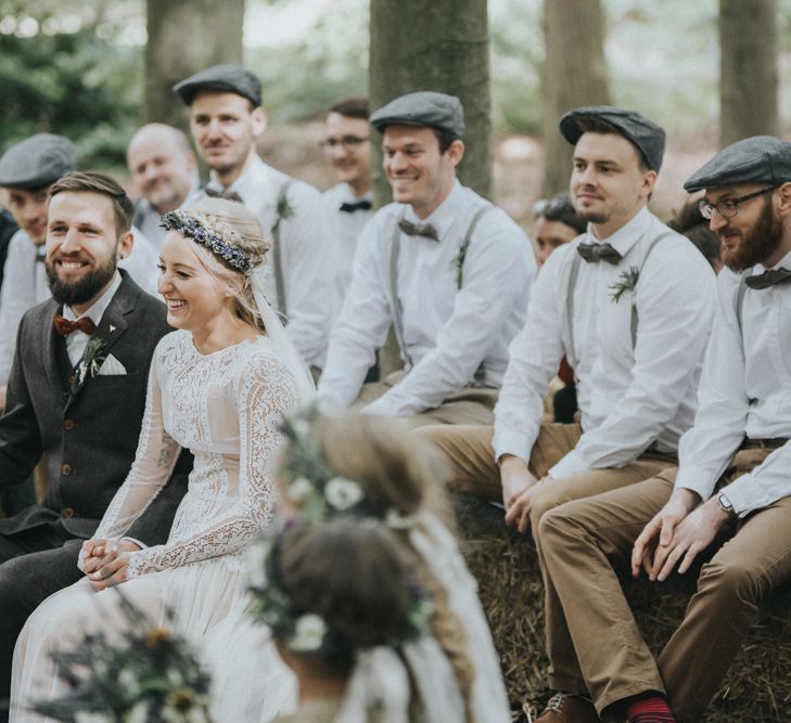 Outdoor Woodland Wedding Ceremony with Bride in Katya Katya Shehurina Wedding Dress & Flower Crown