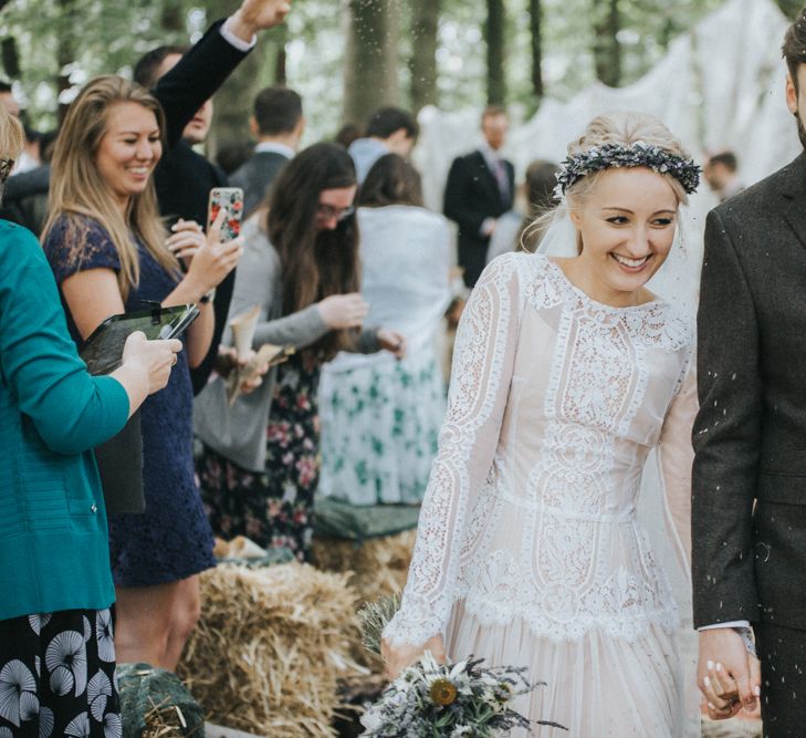 Outdoor Woodland Wedding Ceremony Confetti Exit with Bride in Katya Katya Shehurina Wedding Dress & Flower Crown