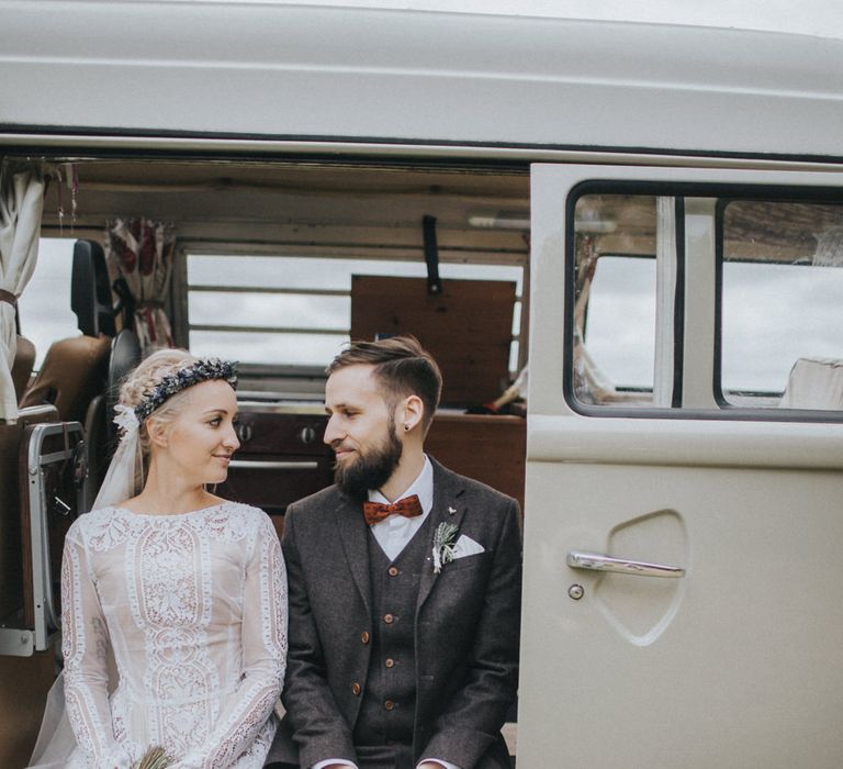 Bride in Katya Katya Shehurina Wedding Dress & Flower Crown