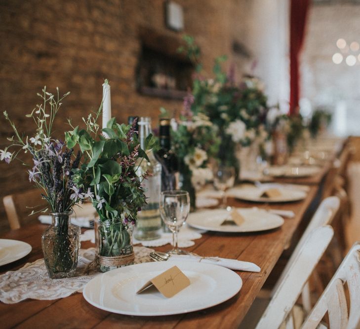 Rustic Wedding Table Centrepieces with Jars filled with Flower Stems