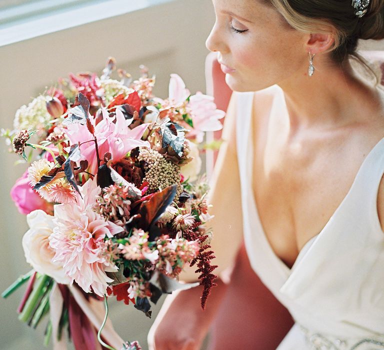 Red & Pink Bouquet by Martha & the Meadow | Bridal Hair, Make Up & Accessories by Victoria Fergusson | Naomi Neoh Bridal Gowns | Opulent Wedding Inspiration at Warmwell House in Dorset with Rich colour Palette Planned by Kelly Chandler | Imogen Xiana Photography | Gorgeous Films