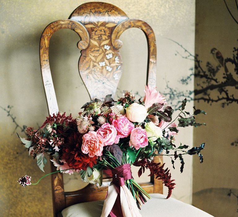 Red & Pink Bouquet by Martha & the Meadow | Opulent Wedding Inspiration at Warmwell House in Dorset with Rich colour Palette Planned by Kelly Chandler | Imogen Xiana Photography | Gorgeous Films