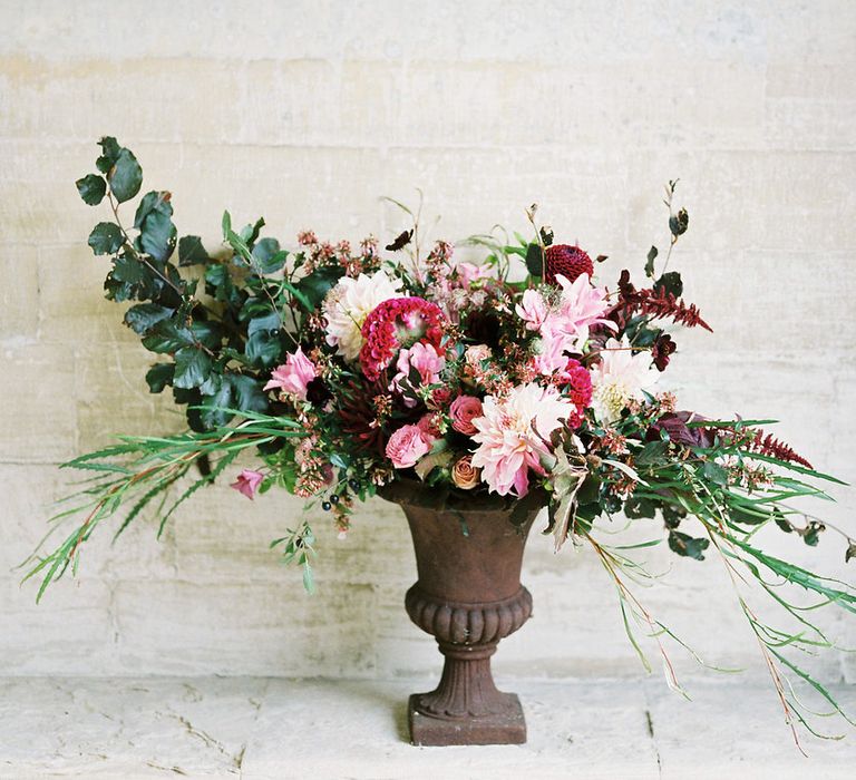 Red & Pink Floral Arrangement by Martha & the Meadow | Opulent Wedding Inspiration at Warmwell House in Dorset with Rich colour Palette Planned by Kelly Chandler | Imogen Xiana Photography | Gorgeous Films