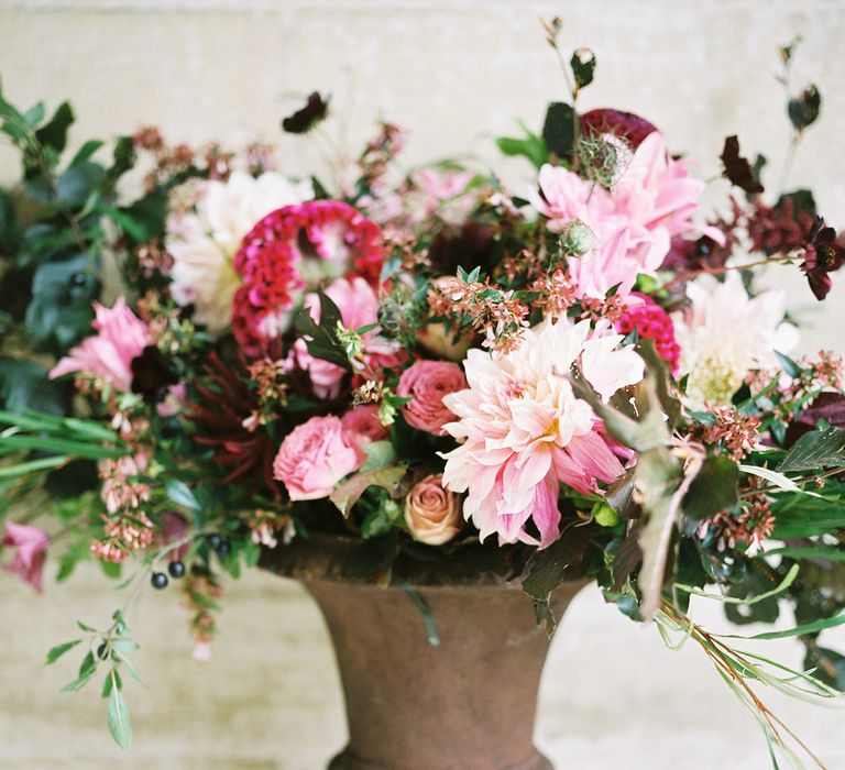 Red & Pink Floral Arrangement by Martha & the Meadow | Opulent Wedding Inspiration at Warmwell House in Dorset with Rich colour Palette Planned by Kelly Chandler | Imogen Xiana Photography | Gorgeous Films