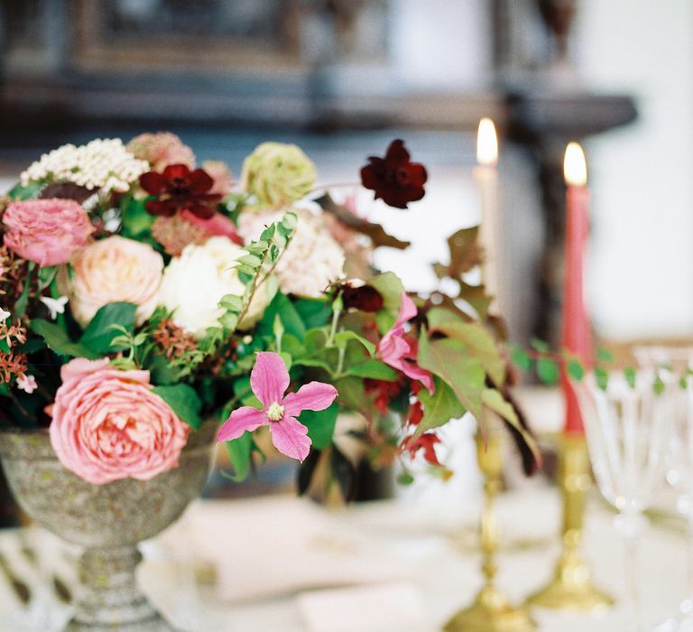 Rich Table Scape Decor with Taper Candles, Floral Centrepieces & Gold Cutlery | Opulent Wedding Inspiration at Warmwell House in Dorset with Rich colour Palette Planned by Kelly Chandler | Imogen Xiana Photography | Gorgeous Films