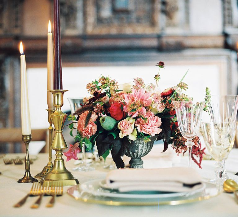 Rich Table Scape Decor with Taper Candles, Floral Centrepieces & Gold Cutlery | Opulent Wedding Inspiration at Warmwell House in Dorset with Rich colour Palette Planned by Kelly Chandler | Imogen Xiana Photography | Gorgeous Films