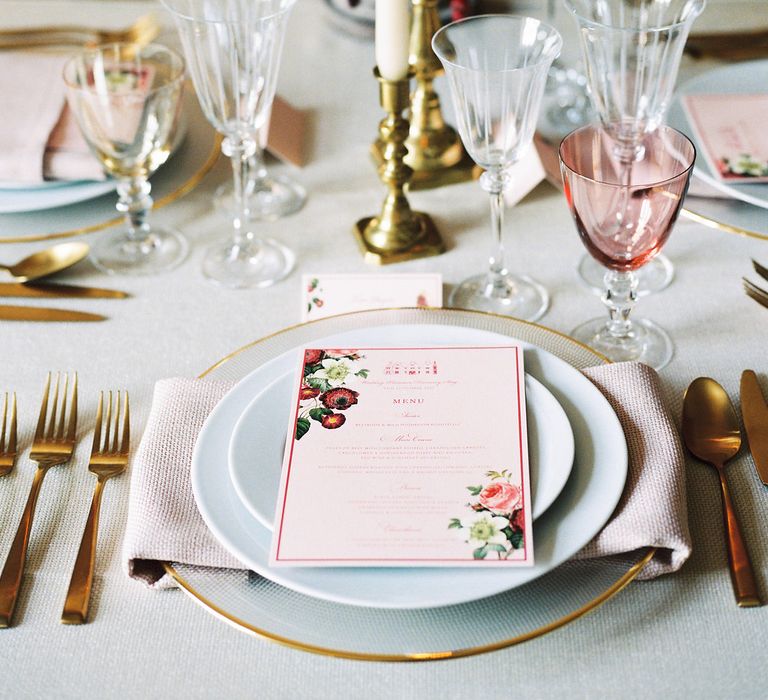 Rich Table Scape Decor with Taper Candles, Floral Centrepieces & Gold Cutlery | Opulent Wedding Inspiration at Warmwell House in Dorset with Rich colour Palette Planned by Kelly Chandler | Imogen Xiana Photography | Gorgeous Films