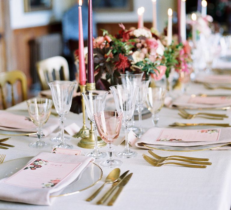 Rich Table Scape Decor with Taper Candles, Floral Centrepieces & Gold Cutlery | Opulent Wedding Inspiration at Warmwell House in Dorset with Rich colour Palette Planned by Kelly Chandler | Imogen Xiana Photography | Gorgeous Films