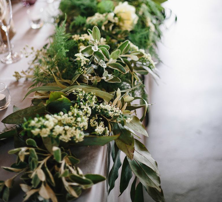 Floral Runner For Top Table // Trinity Buoy Wharf Wedding With Bride In Otaduy And Planning By Liz Linkleter Events Flowers By Grace And Thorn Images From My Beautiful Bride Photography