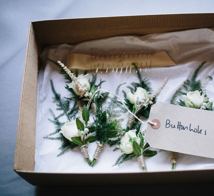 Simple Buttonholes For Wedding // Trinity Buoy Wharf Wedding With Bride In Otaduy And Planning By Liz Linkleter Events Flowers By Grace And Thorn Images From My Beautiful Bride Photography