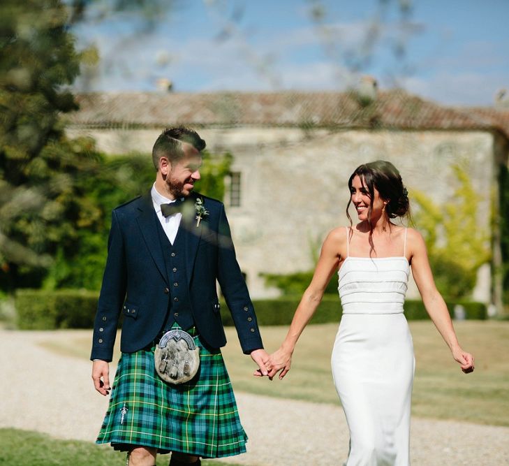 Bride in Phase Eight Wedding Dress | Groom in Tartan Kilt | Outdoor Wedding at Chateau Rigaud in France | Real Simple Photography | Yellow Gazelle Film