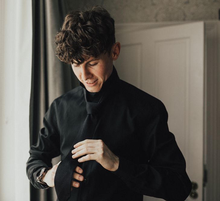 Groom In Black Suit & Shirt For Wedding