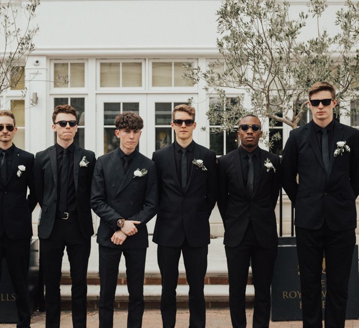 Groom & Groomsmen In Black Shirts & Suits For Wedding