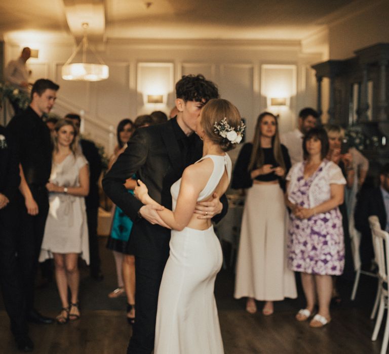 Bride In Sarah Seven Dress & Groom In All Black With Bridesmaids In White Shift Dresses And Foliage Decor With Images By Nataly J Photography