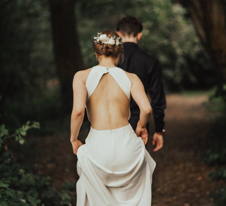 Bride In Sarah Seven Dress & Groom In All Black With Bridesmaids In White Shift Dresses And Foliage Decor With Images By Nataly J Photography