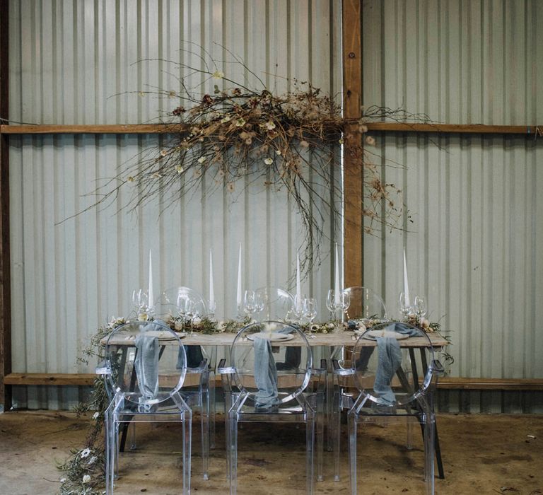 Table Scape with Ghost Chairs & Floral Installation | Powder Blue Spring Wedding Inspiration Styled by The Little Lending Co | Megan Duffield Photography