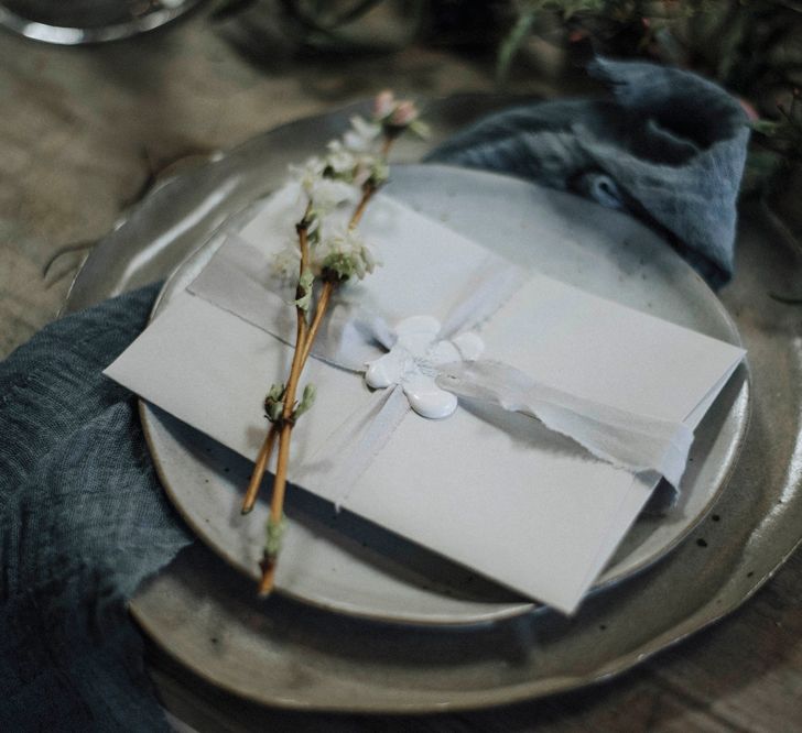 Wonderland Invites White Invitation Wax Seal | Powder Blue Spring Wedding Inspiration Styled by The Little Lending Co | Megan Duffield Photography