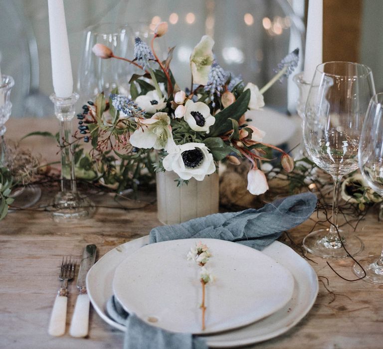 Elegant Place Setting | Anemone Floral Centrepiece | Powder Blue Spring Wedding Inspiration Styled by The Little Lending Co | Megan Duffield Photography