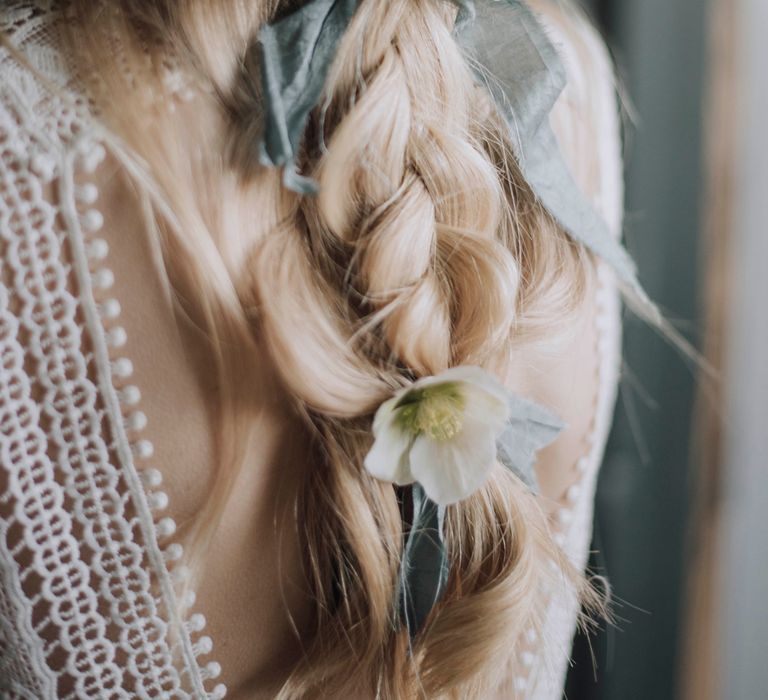 Fishtail Braided Up Do with Silk Ribbon | Bride in Rembo Gown from Rock the Frock Bridal | Powder Blue Spring Wedding Inspiration Styled by The Little Lending Co | Megan Duffield Photography