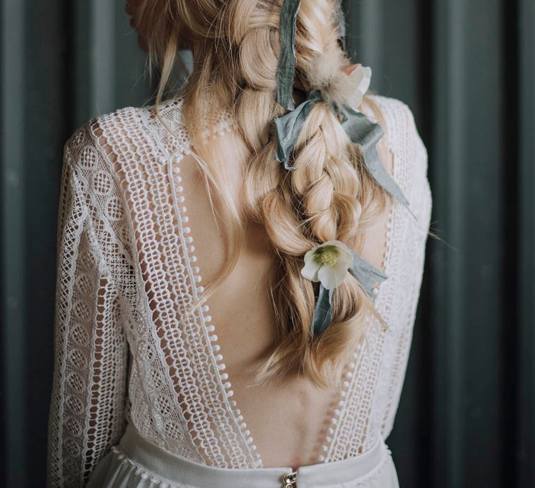 Fishtail Braided Up Do with Silk Ribbon | Bride in Rembo Gown from Rock the Frock Bridal | Powder Blue Spring Wedding Inspiration Styled by The Little Lending Co | Megan Duffield Photography