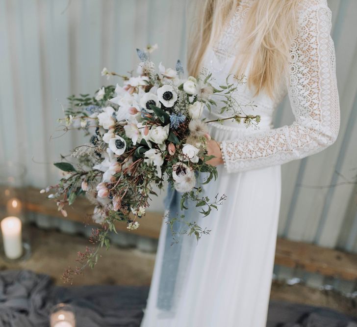 Spring White Anemone Bouquet | Rembo Gown via Rock The Frock Bridal | Powder Blue Spring Wedding Inspiration Styled by The Little Lending Co | Megan Duffield Photography