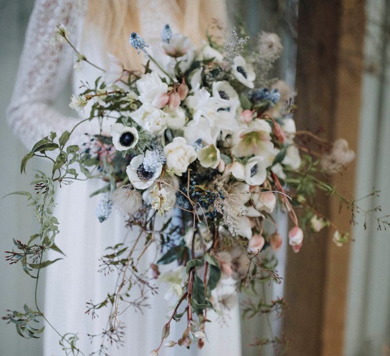 Spring White Anemone Bouquet | Rembo Gown via Rock The Frock Bridal | Powder Blue Spring Wedding Inspiration Styled by The Little Lending Co | Megan Duffield Photography