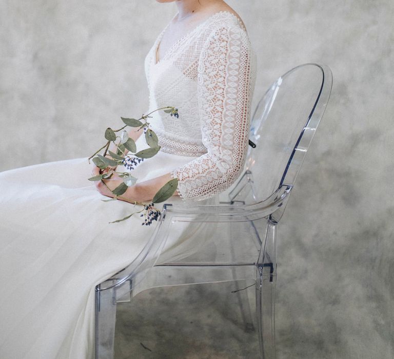 Bride in Lace Rembo Gown via Rock The Frock Bridal | Powder Blue Spring Wedding Inspiration Styled by The Little Lending Co | Megan Duffield Photography