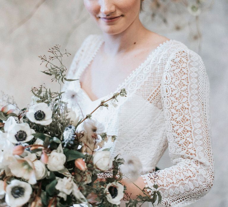 Smokey Eye Wedding Make Up | Bride in Rembo Gown from Rock the Frock Bridal | Spring White Anemone Bouquet | Powder Blue Spring Wedding Inspiration Styled by The Little Lending Co | Megan Duffield Photography